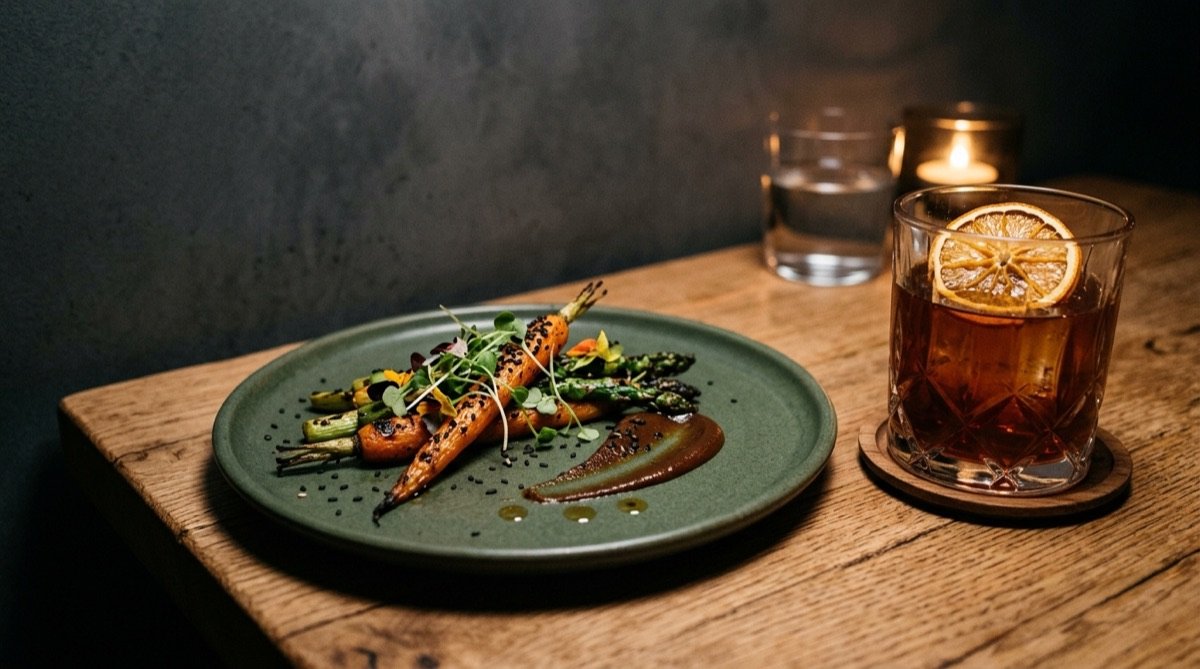 Plato de cocina de bocados de STILLROOM en gres verde con un cóctel de autor en vaso tallado, maridaje de coctelería y tapas de autor en Madrid