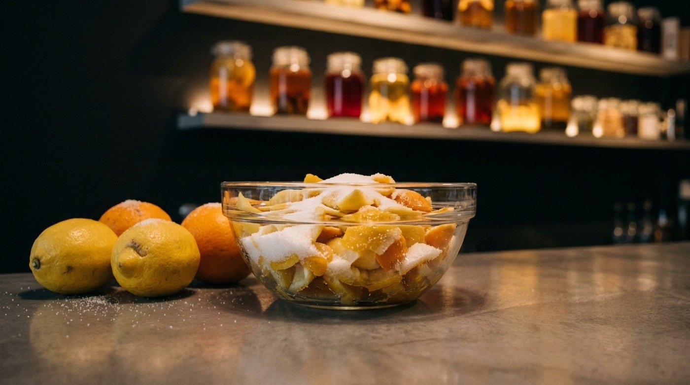 Pieles de limón y naranja macerando con azúcar para elaborar oleo saccharum en un cuenco de cristal en STILLROOM