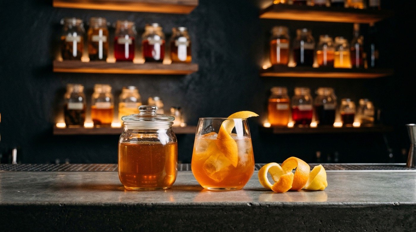 Sirope de oleo saccharum aromático en un frasco junto a un cóctel cítrico en la barra de microcemento de STILLROOM