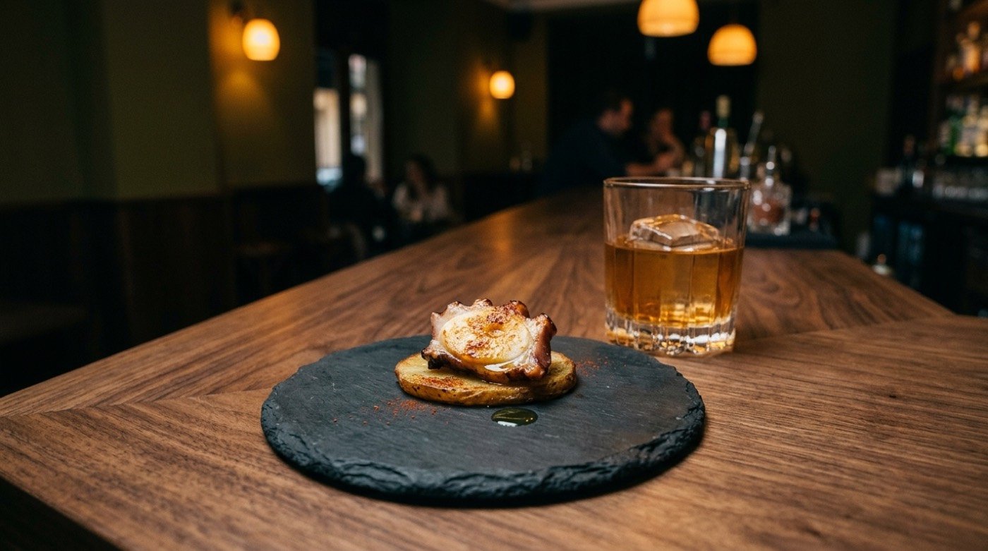 Plato signature de cocina de bocados STILLROOM Madrid: técnicas express sin fuego directo, maridado con cóctel de autor