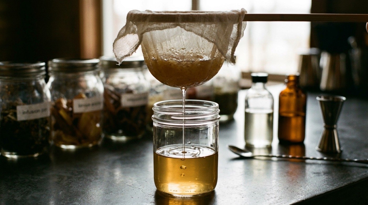 Gel de agar roto filtrándose por una estameña y cayendo como líquido cristalino en un tarro de cristal durante una clarificación en coctelería