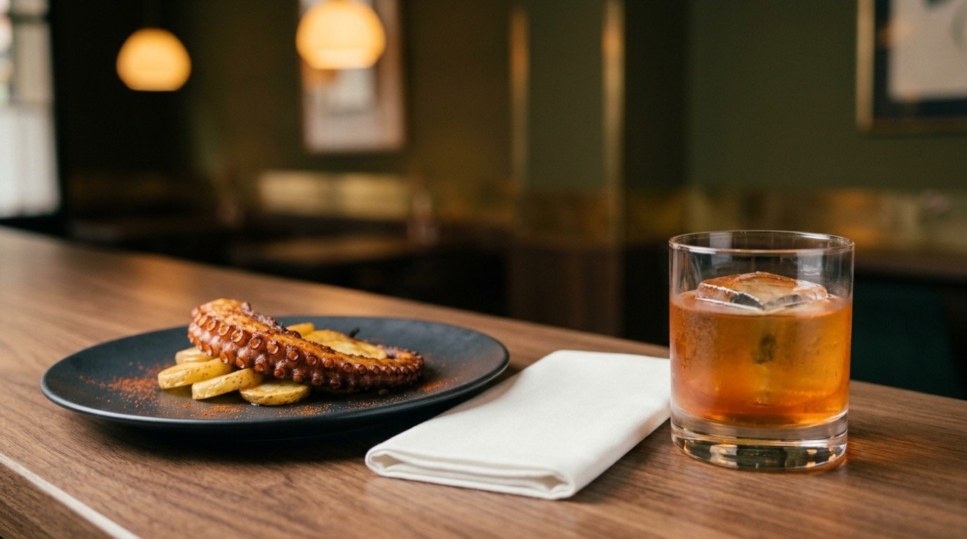 Maridaje Pulpo Sous-Vide STILLROOM con cóctel Garibaldi Fermentado en barra del local en Los Jerónimos Madrid