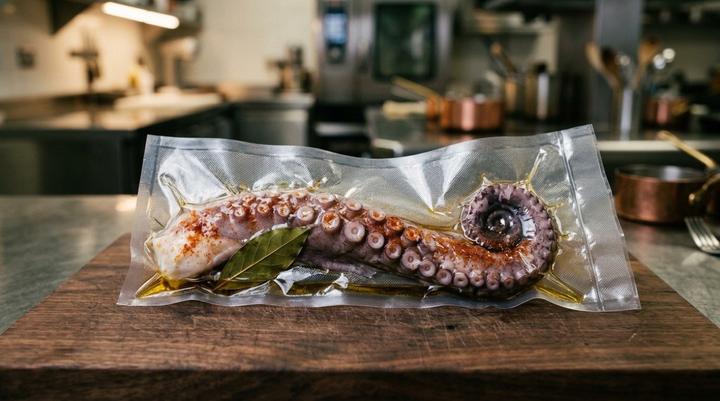 Pulpo gallego en bolsa de vacío sellada antes de cocción sous-vide a 77°C en cocina STILLROOM Madrid Jerónimos
