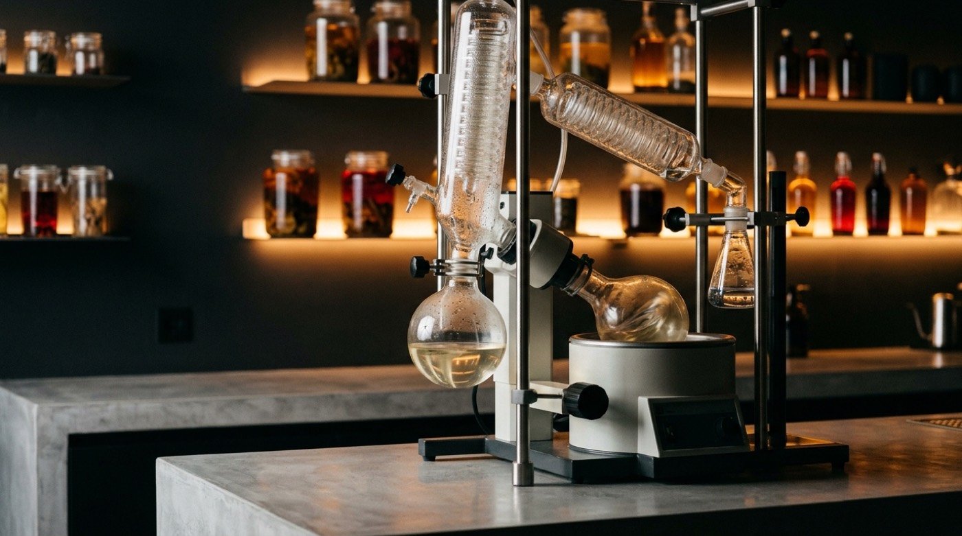 Equipo de rotavapor destilando un líquido aromático a baja temperatura en la barra-laboratorio de STILLROOM