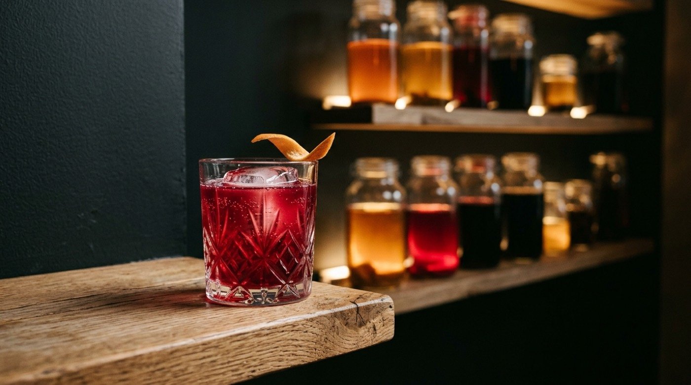 Cóctel rojo rubí elaborado con shrub de frutos rojos servido en vaso de cristal con hielo en STILLROOM, coctelería de autor en Madrid