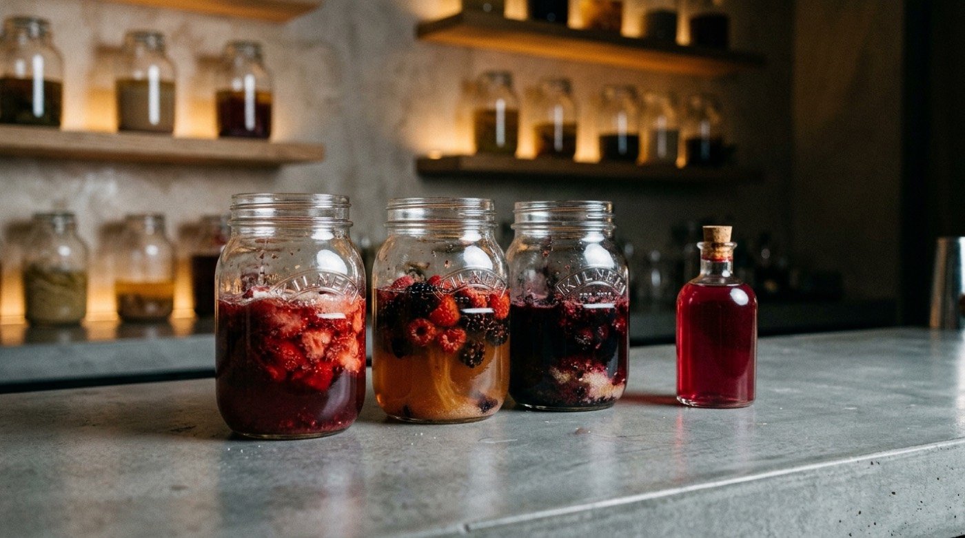 Tarros de cristal con fresas y frutos rojos macerando con azúcar y vinagre para elaborar shrubs caseros en la barra de STILLROOM