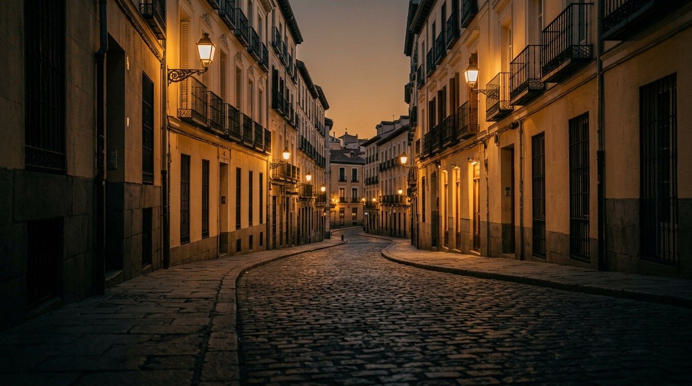 Calle adoquinada del barrio Los Jerónimos Madrid al atardecer, ruta entre Museo del Prado y STILLROOM