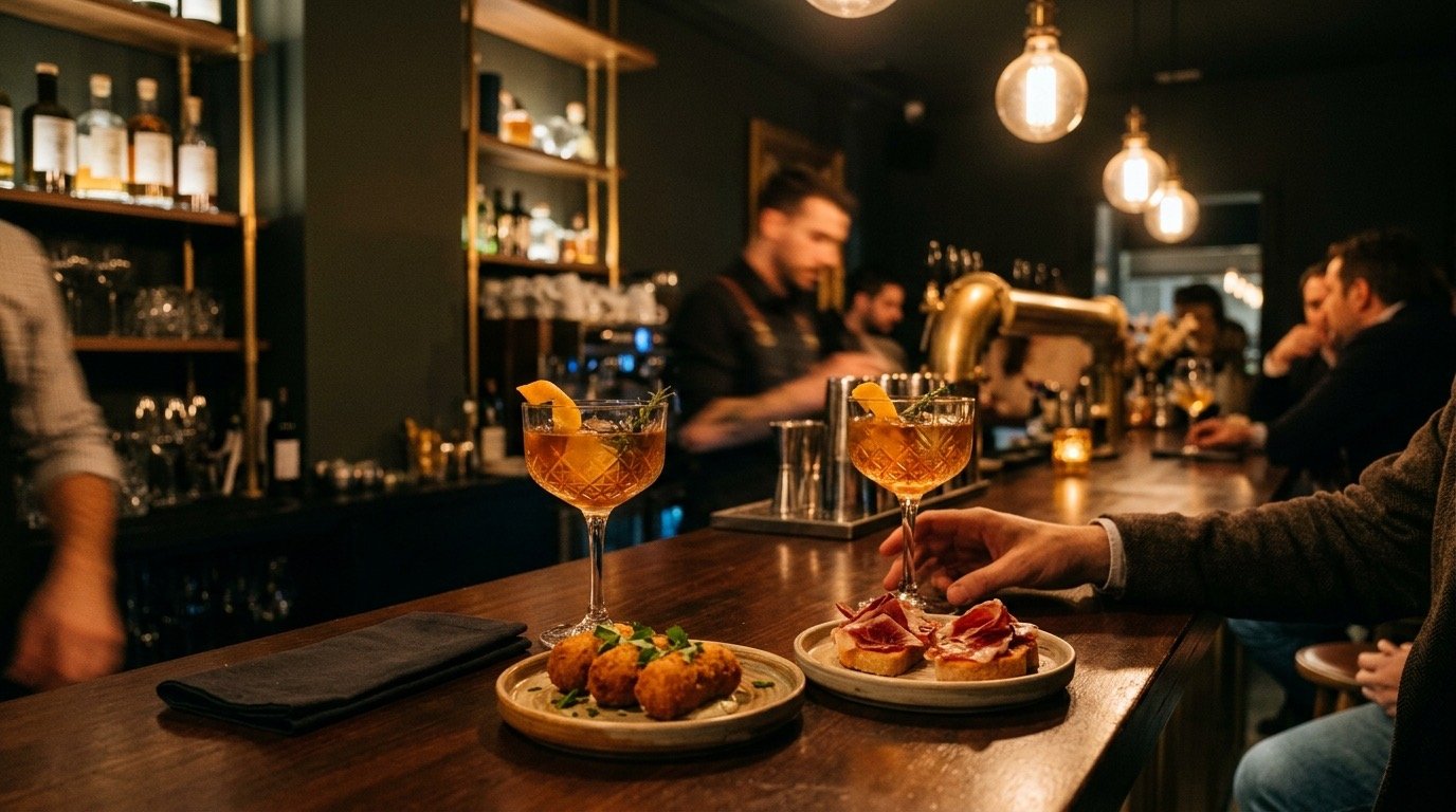 Cócteles signature de STILLROOM con cocina de bocados, jamón ibérico y croquetas en Calle Moreto 9 Madrid