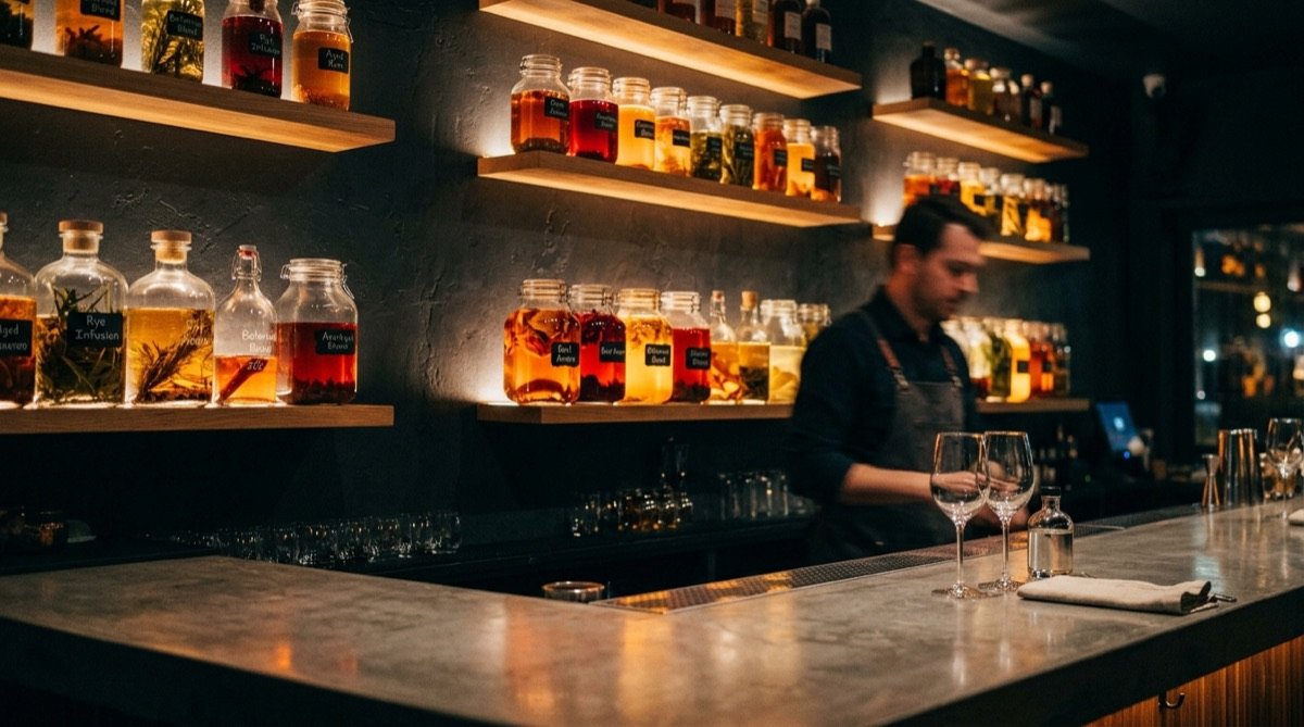 Baldas retroiluminadas con tarros de fermentación e infusión tras la barra de microcemento de STILLROOM, sello de su coctelería de autor en Madrid