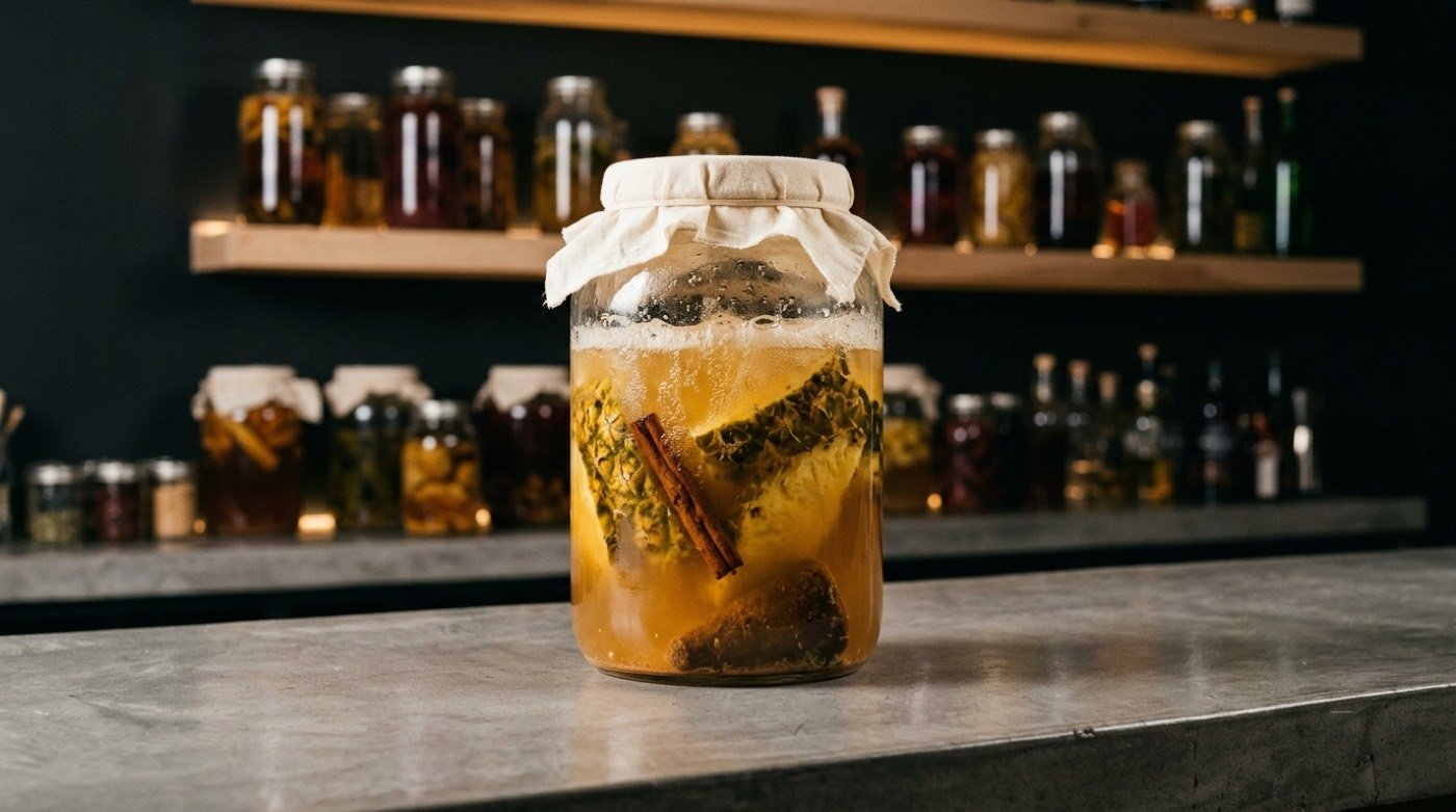 Tepache fermentando en un tarro de cristal con cáscara de piña, piloncillo y especias sobre la barra de STILLROOM