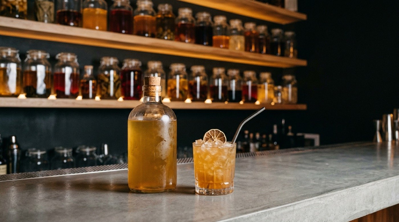 Tepache dorado servido junto a un cóctel terminado en la barra de microcemento de STILLROOM