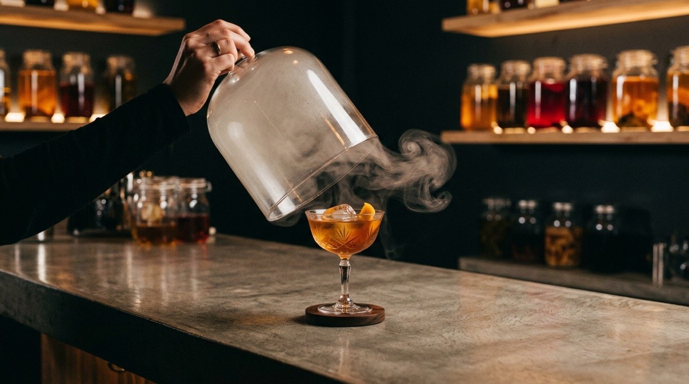 Campana de cristal levantándose sobre un cóctel liberando una bruma aromática en la barra de STILLROOM