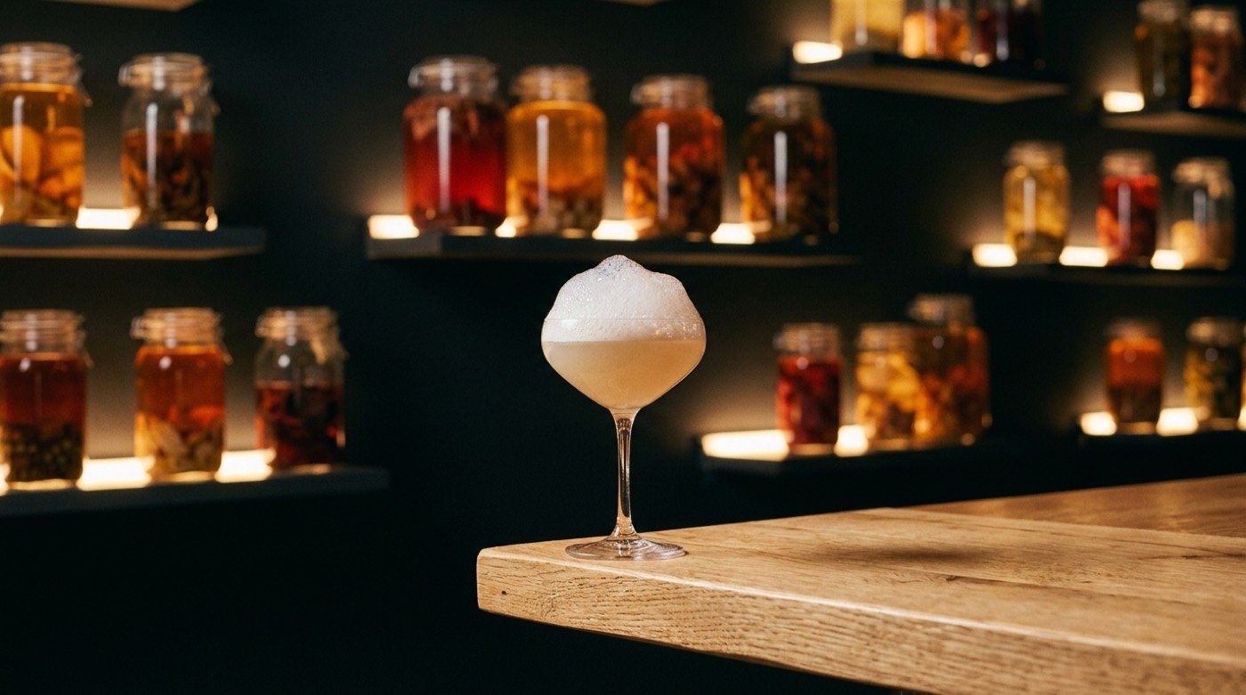 Cóctel coronado con una nube de aire ultraligero de burbujas finas servido en copa en STILLROOM, coctelería de autor en Madrid