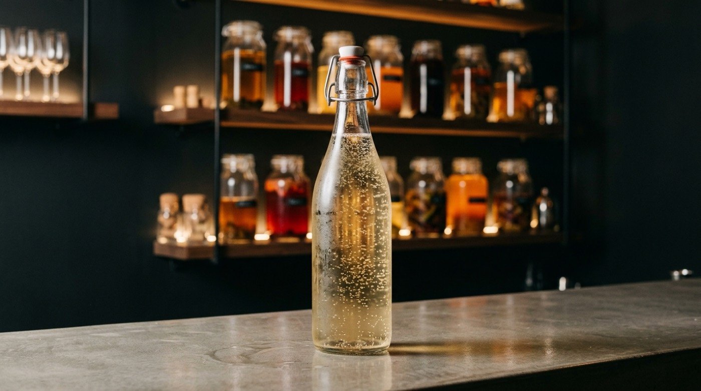 Botella presurizada con un cóctel carbonatándose y burbujas finas ascendiendo en la barra de STILLROOM