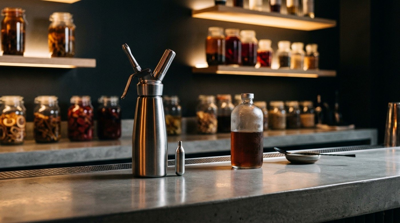 Sifón ISI con cápsula de CO2 cargando un cóctel sobre la barra de microcemento de STILLROOM