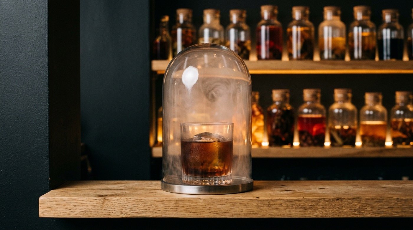 Cóctel ahumado servido bajo una campana de cristal con una bruma aromática tenue en STILLROOM, coctelería de autor en Madrid