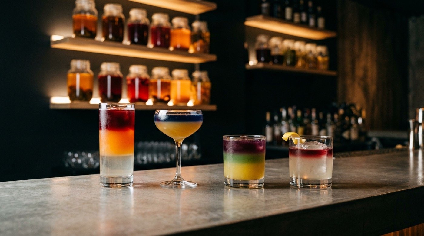 Varios cócteles por capas y un sour con flotado de vino tinto en la barra de microcemento de STILLROOM