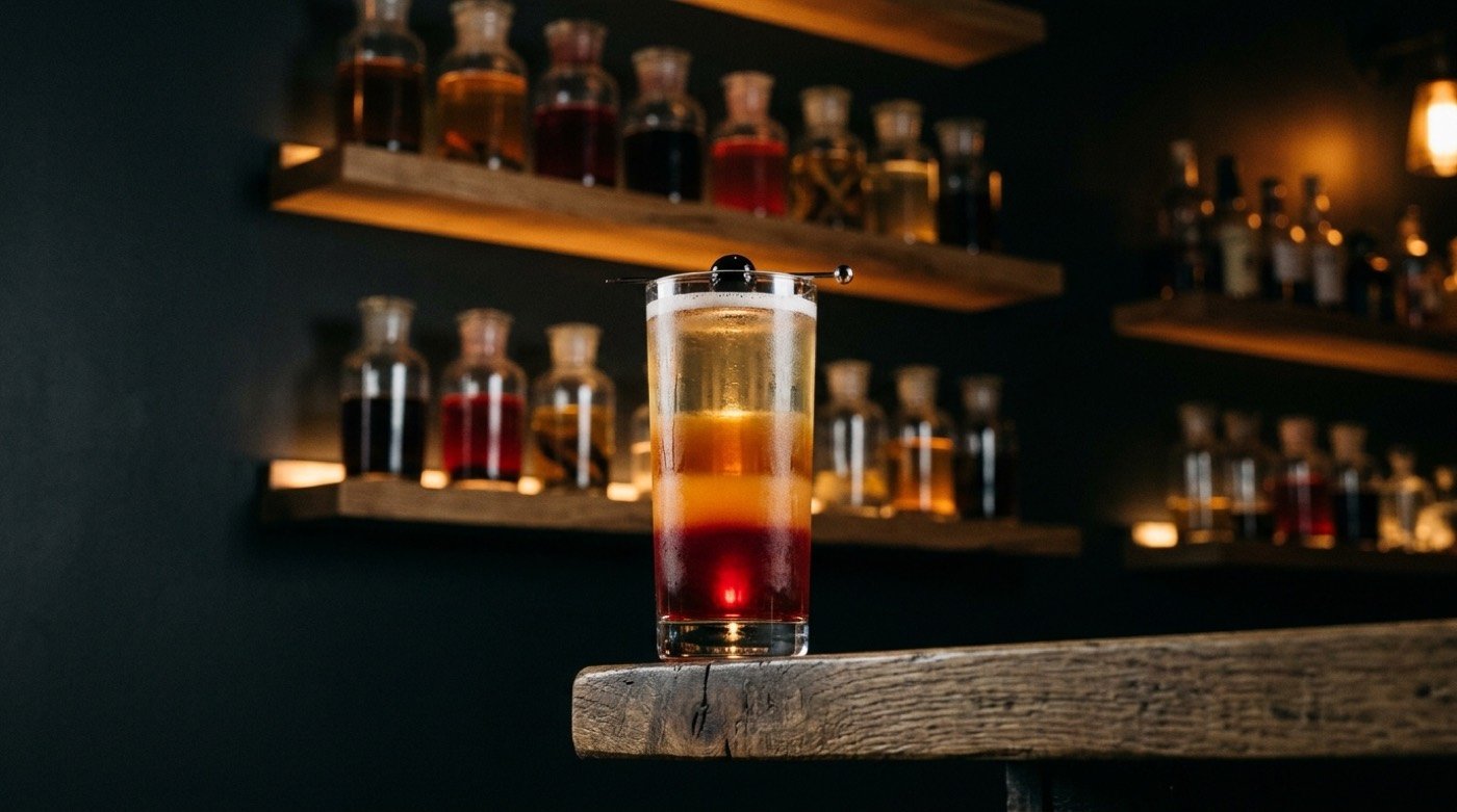 Cóctel por capas con franjas de colores nítidas y separadas servido en vaso en STILLROOM, coctelería de autor en Madrid
