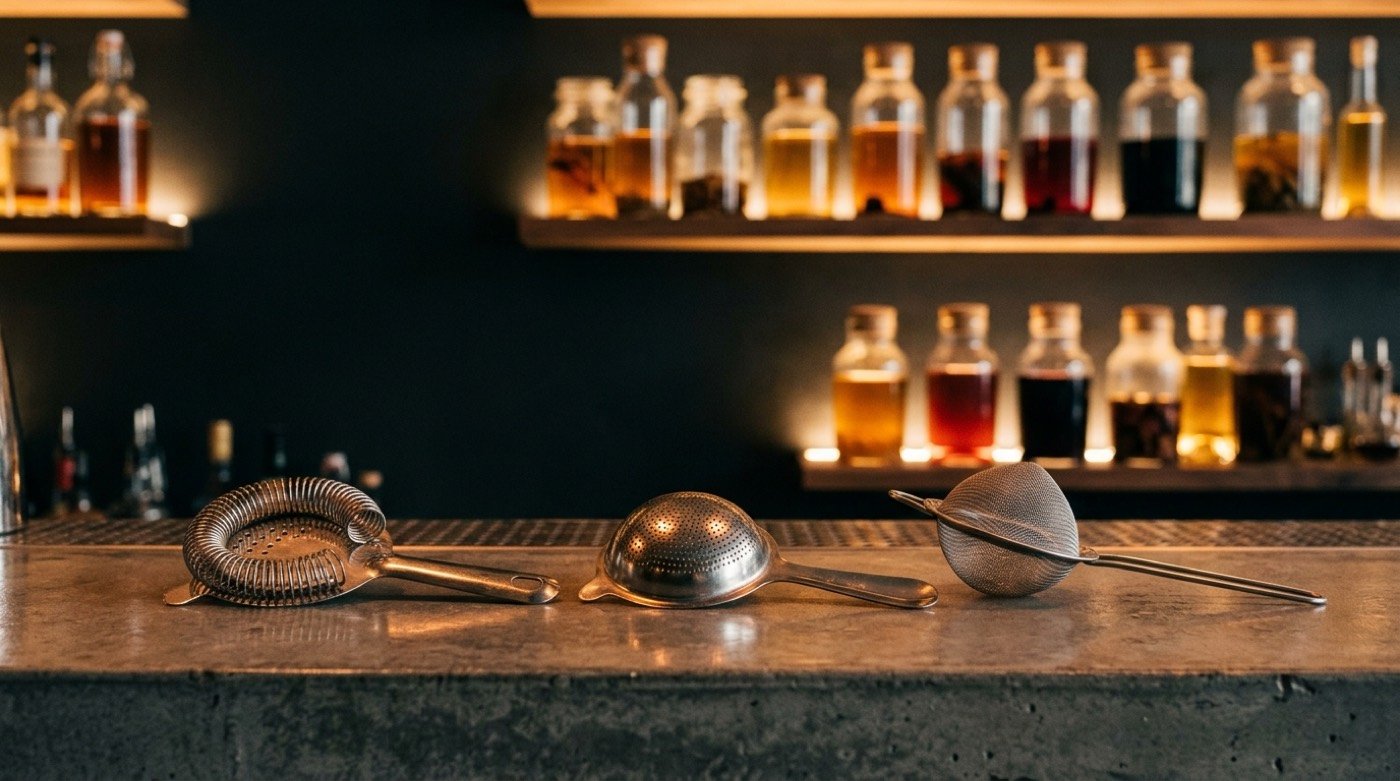 Hawthorne, julep strainer y colador fino alineados en la barra de microcemento de STILLROOM