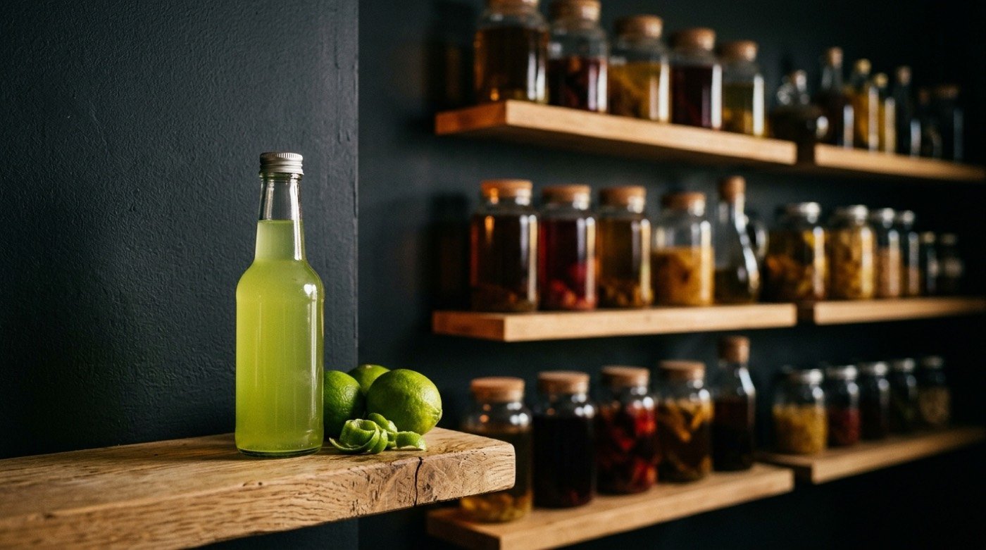 Botella de cordial de lima casero junto a limas frescas en STILLROOM, coctelería de autor en Madrid