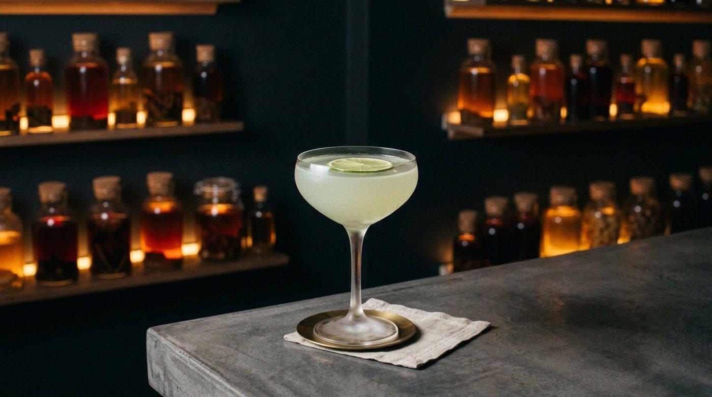 Gimlet servido en copa coupe elaborado con cordial de lima sobre la barra de STILLROOM