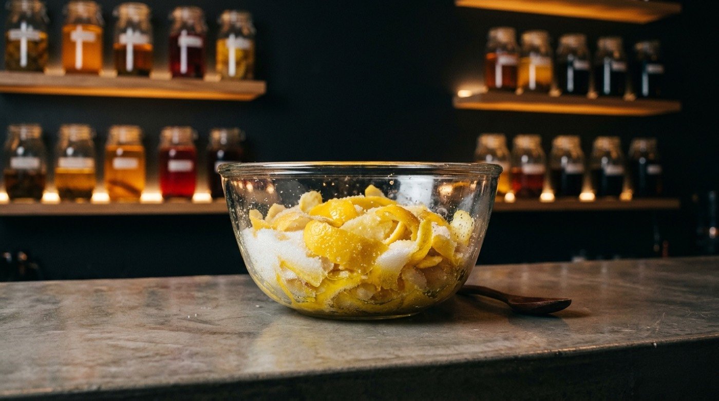 Pieles de limón maceradas con azúcar para elaborar cordial en la barra de STILLROOM