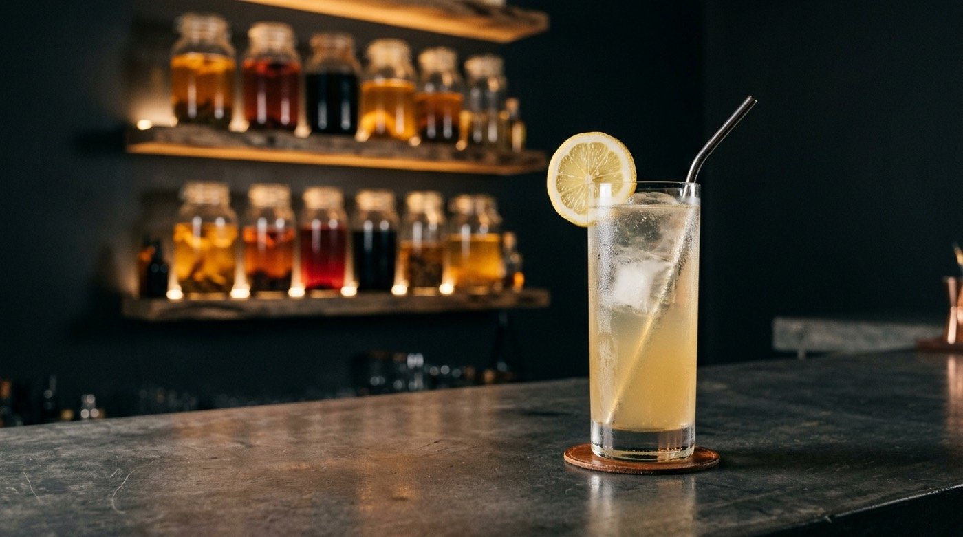 Tom Collins elaborado con cordial de limón y soda servido en vaso alto en STILLROOM