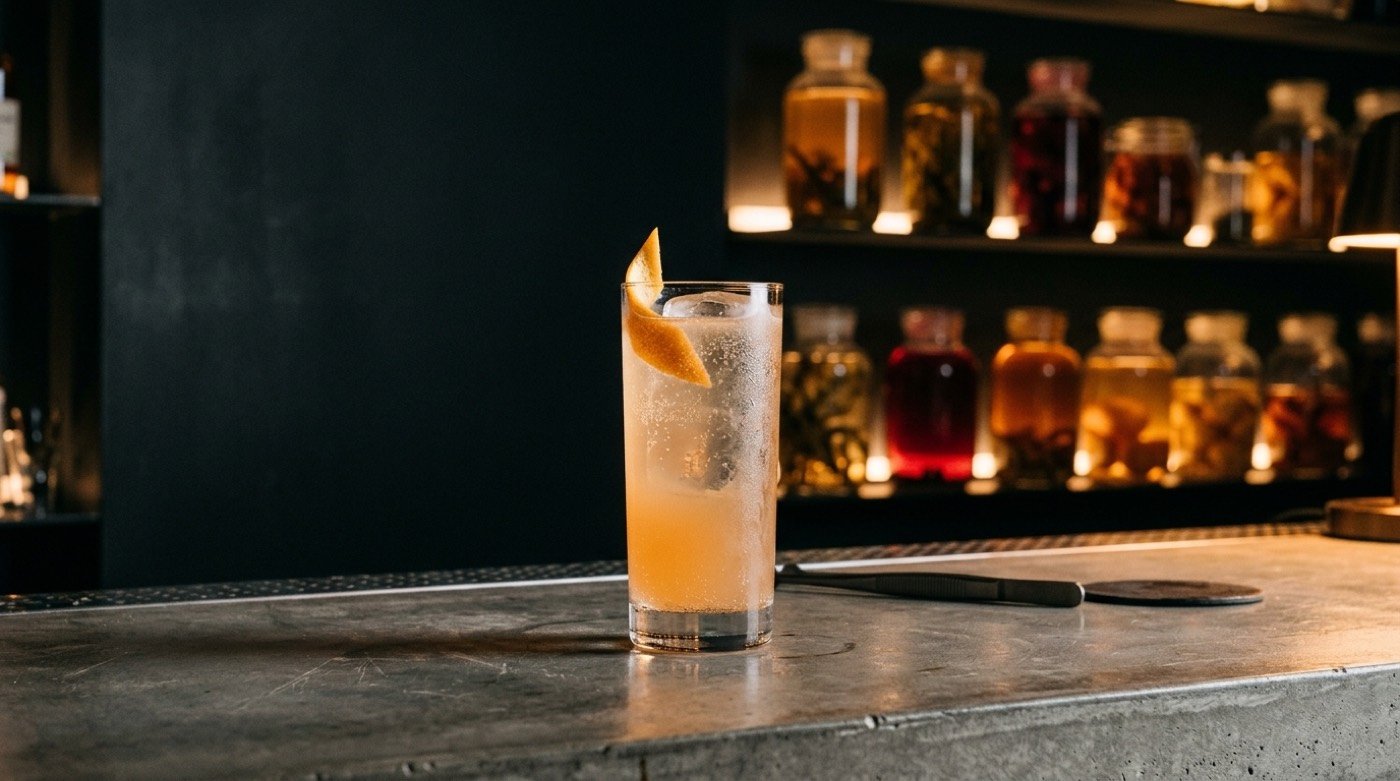 Highball cítrico elaborado con cordial de naranja y soda sobre la barra de microcemento de STILLROOM