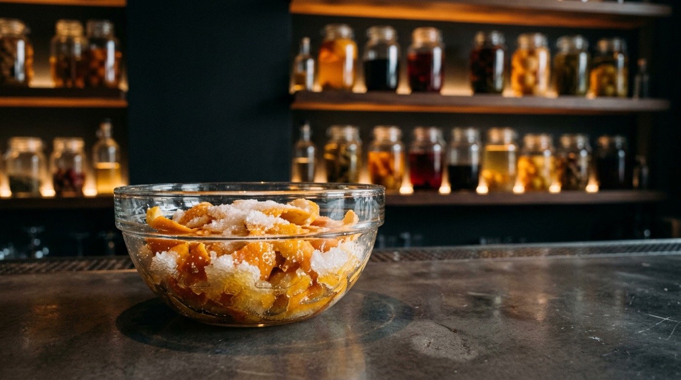 Pieles de naranja macerando con azúcar (óleo saccharum) en un bol de cristal en la barra de STILLROOM