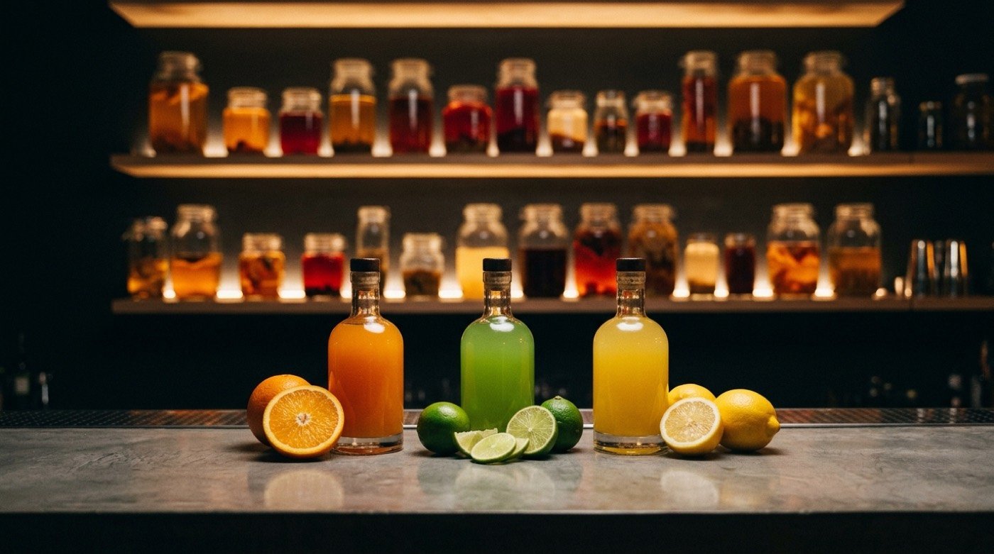 Tres cordiales caseros por fruta —naranja, lima y limón— embotellados y etiquetados con cinta sobre la barra de microcemento de STILLROOM