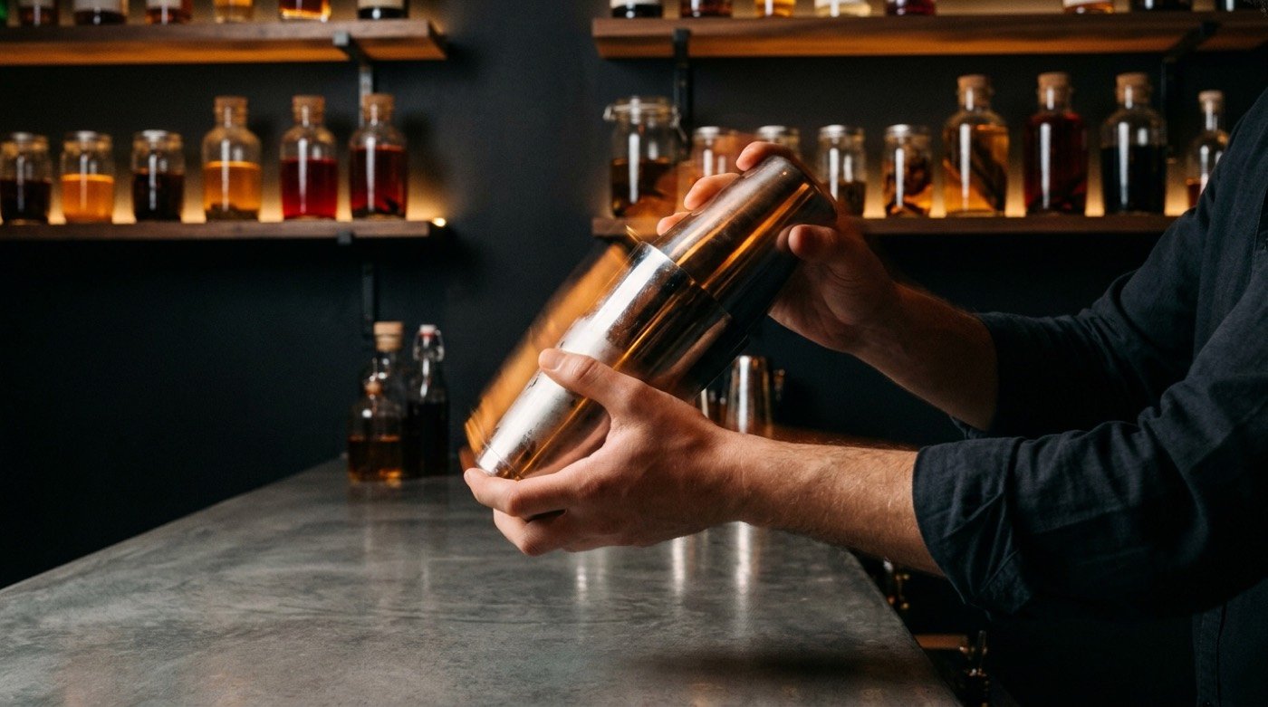 Manos agitando una coctelera sin hielo durante el dry shake sobre la barra de STILLROOM