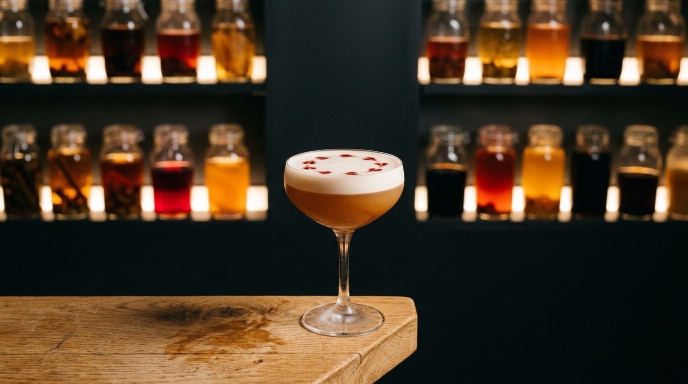 Cóctel sour coronado por una espesa y sedosa capa de espuma blanca tras un dry shake en STILLROOM, coctelería de autor en Madrid