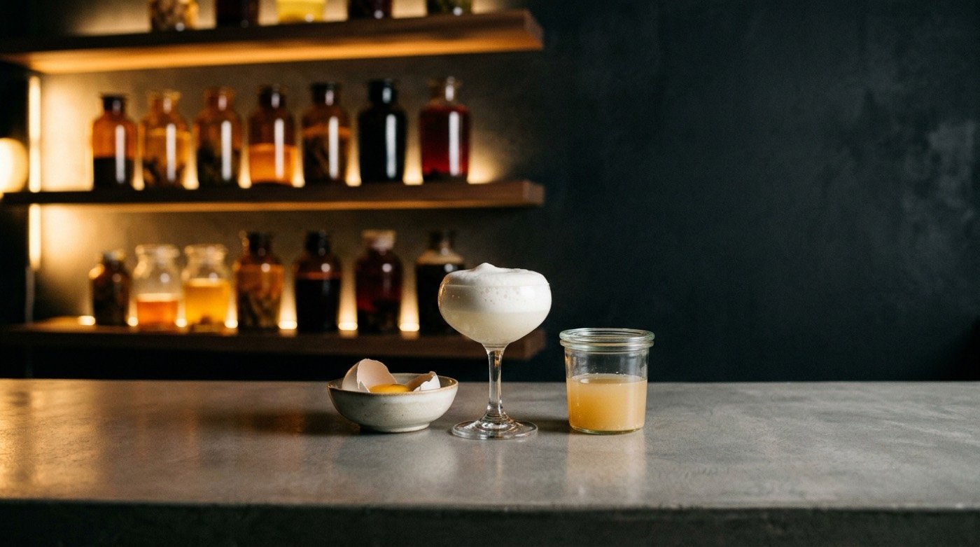 Espuma densa formándose junto a clara de huevo y aquafaba como espumantes en la barra de microcemento de STILLROOM