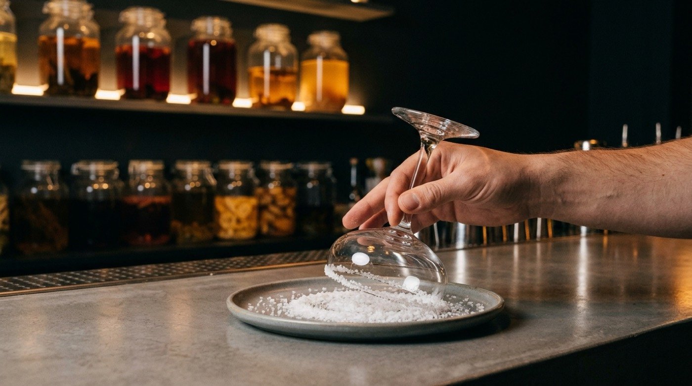 Copa girando boca abajo sobre un plato con sal para escarchar el borde en la barra de STILLROOM