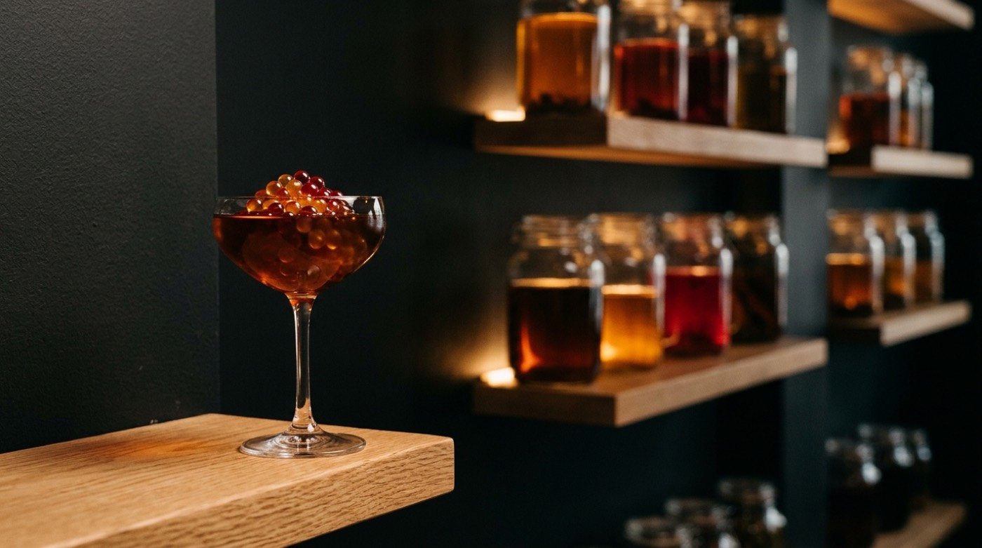 Cóctel coronado con perlas brillantes de esferificación que explotan en boca en STILLROOM, coctelería de autor en Madrid