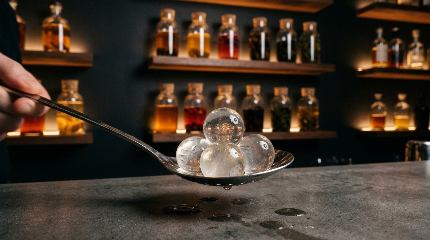 Cuchara perforada con perlas brillantes de esferificación recién hechas sobre la barra de microcemento de STILLROOM