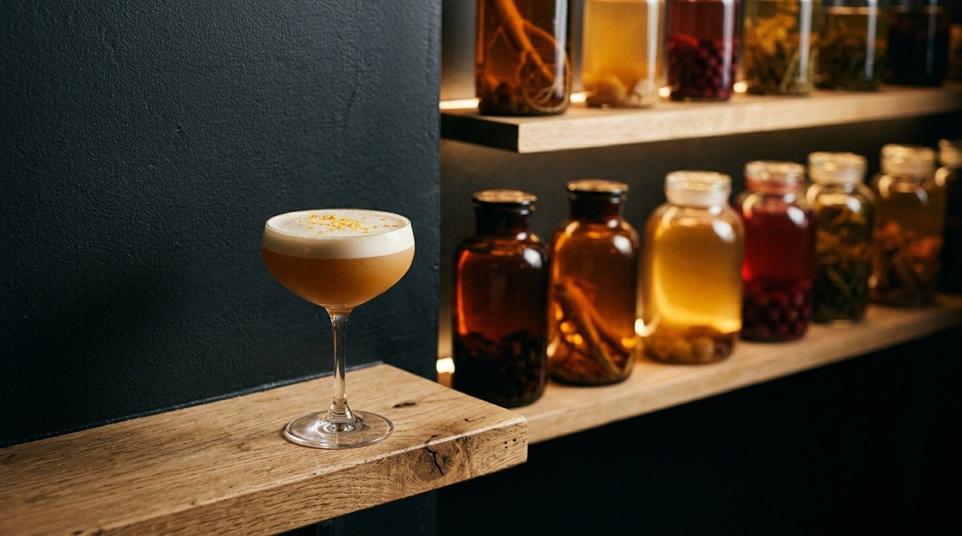 Cóctel coronado con una espuma sedosa y aireada servido en copa en STILLROOM, coctelería de autor en Madrid