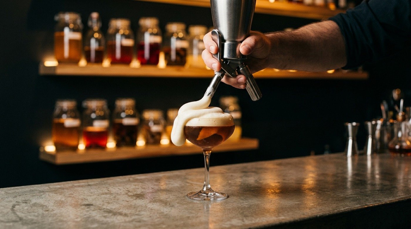 Sifón ISI dispensando una espuma sobre un cóctel en la barra de STILLROOM