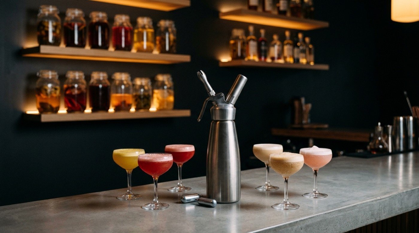 Sifón de cocina con cargas y varias espumas de distintos colores en la barra de microcemento de STILLROOM