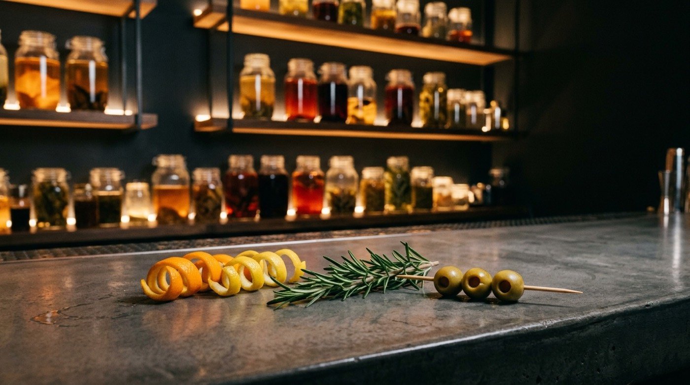 Surtido de garnish para cócteles —espirales de cítrico, romero y aceitunas— sobre la barra de microcemento de STILLROOM