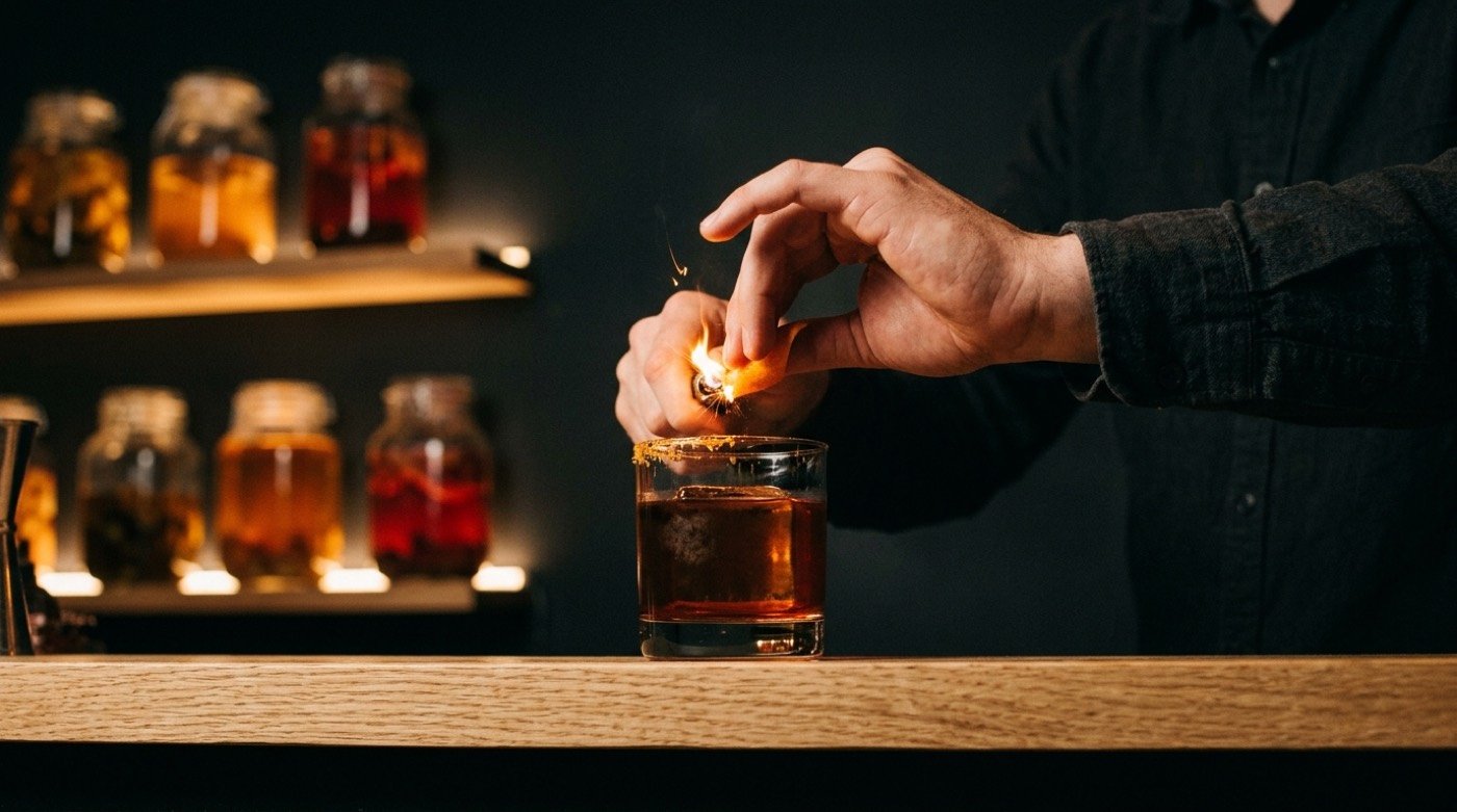 Twist de piel de naranja flameado sobre un cóctel, con una chispa de aceites caramelizándose, en STILLROOM, coctelería de autor en Madrid