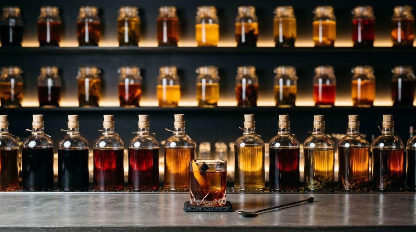 Botellas de destilados infusionados terminados en distintos tonos en la balda retroiluminada de STILLROOM