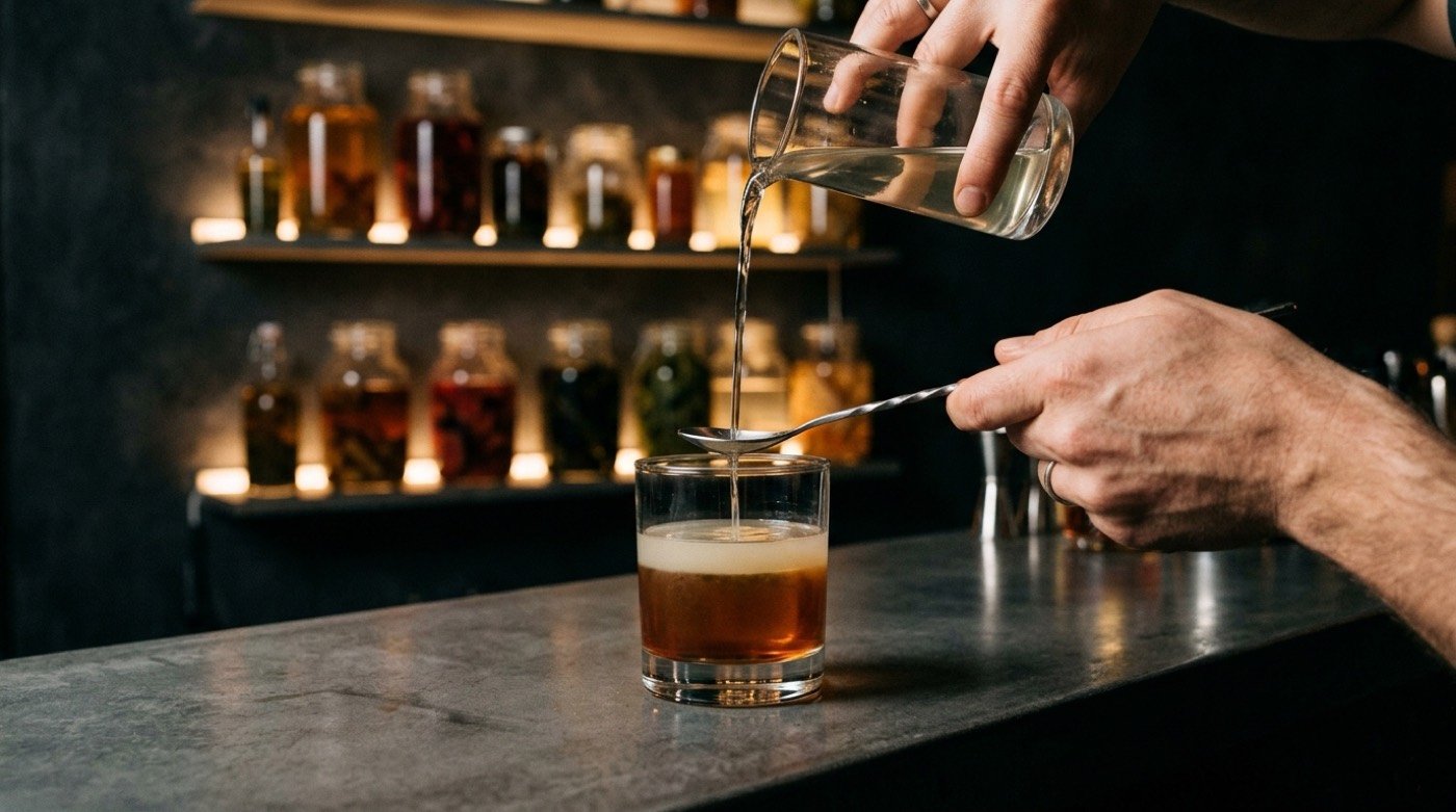 Vertido lento sobre el dorso de una cuchara de bar para crear una capa en un cóctel en la barra de STILLROOM