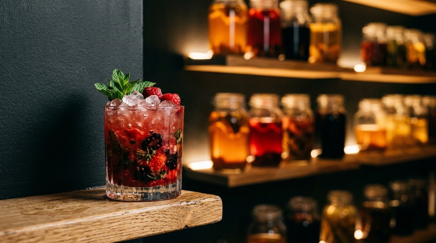 Cóctel tipo smash con hierbas y frutos rojos machacados servido sobre hielo en STILLROOM, coctelería de autor en Madrid