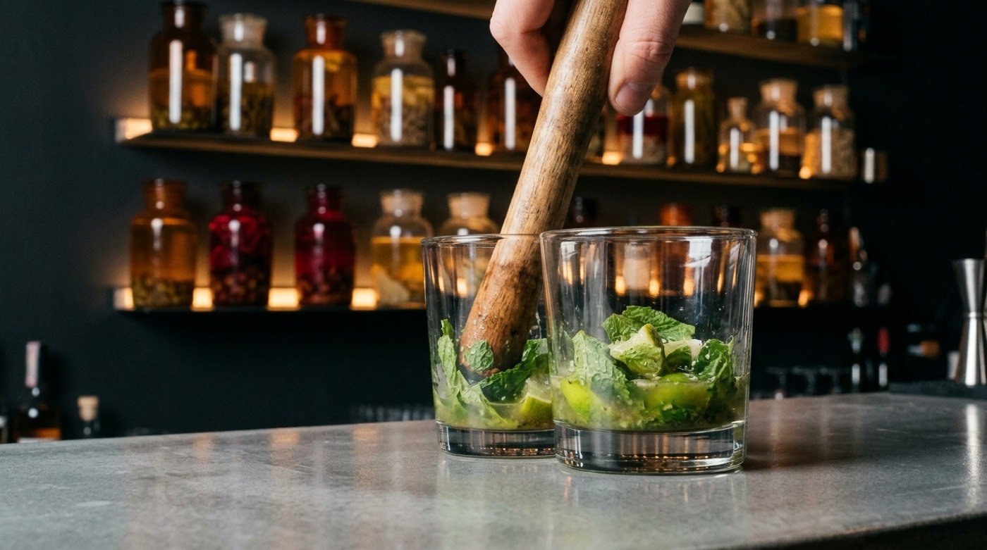 Muddler machacando menta y lima en el fondo de un vaso sobre la barra de STILLROOM