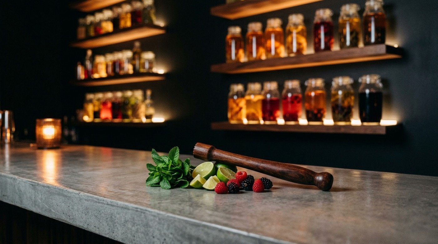 Muddler de madera junto a hierbabuena, lima y frutos rojos en la barra de microcemento de STILLROOM