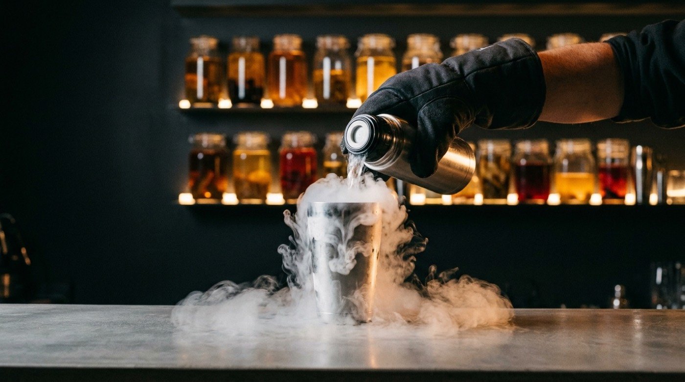 Vertido de nitrógeno líquido con vapor blanco frío sobre un recipiente en la barra de STILLROOM