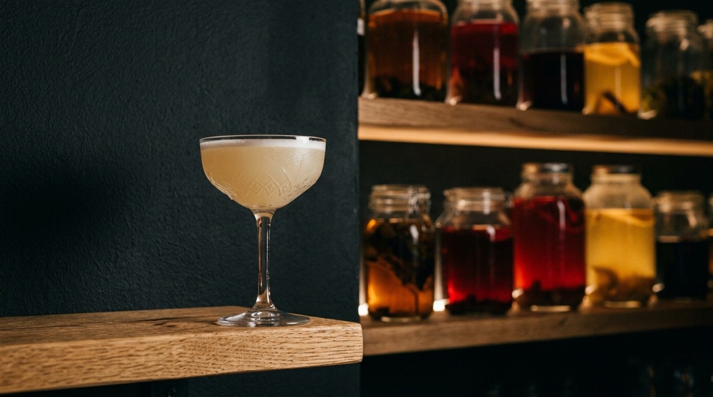 Cóctel cítrico recién agitado servido en copa con una fina capa de espuma en STILLROOM, coctelería de autor en Madrid