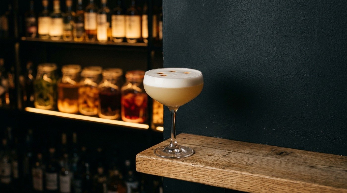 Cóctel sour con una corona de espuma sedosa servido en copa coupe en STILLROOM, coctelería de autor en Madrid