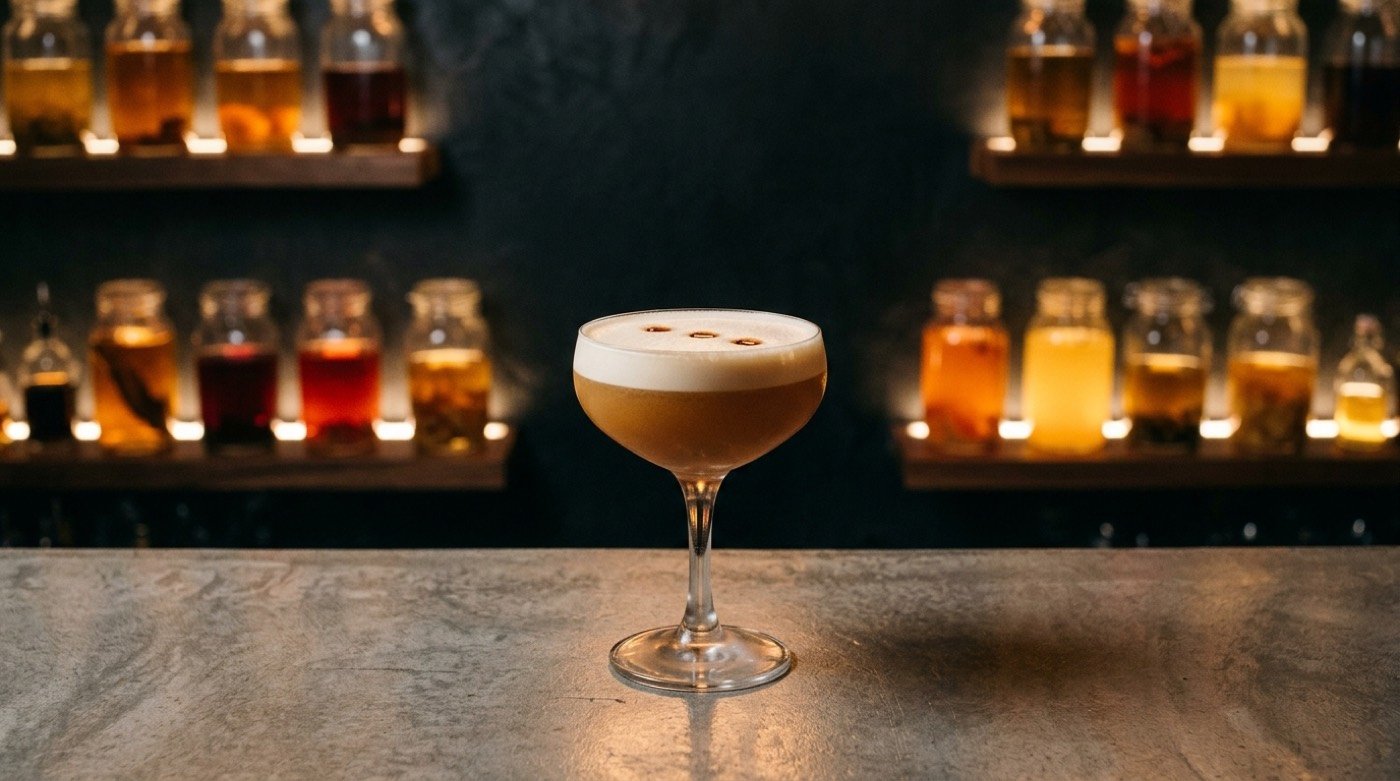 Whisky sour servido en copa con espuma y un toque de angostura en la barra de microcemento de STILLROOM